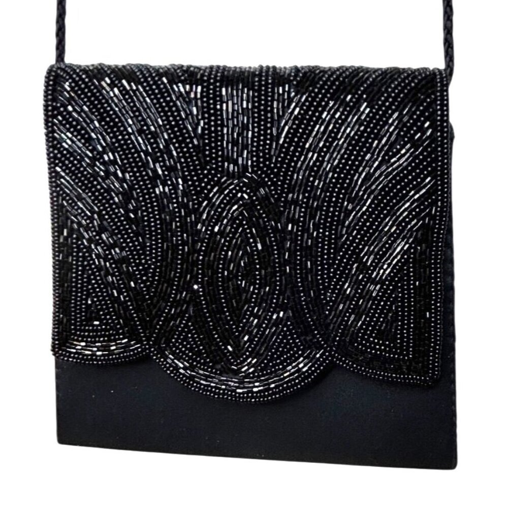 Y2K Vintage Black Beaded Satin Classy Evening Bag Magnetic Closure Rope Strap - Picture 1 of 9